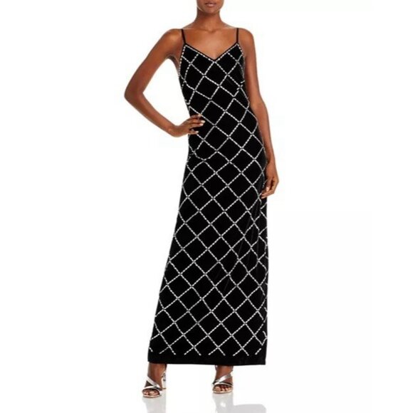 Ramy Brook Size 0 Black Omega Rhinestone Velvet Maxi Dress Spaghetti Straps - Picture 1 of 12